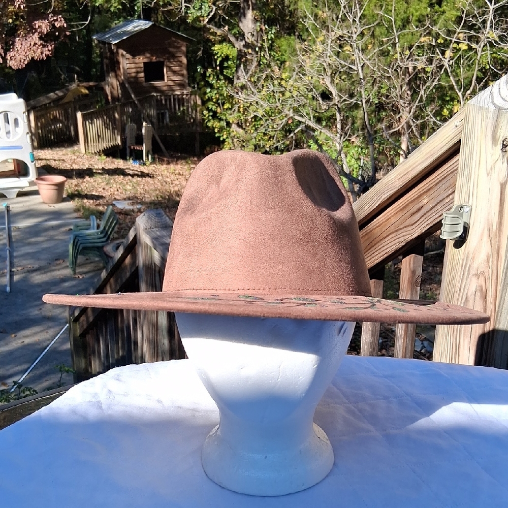 Awesome Brown Fall Hat, Burned And Painted Design, Sunflower, Hummingbird